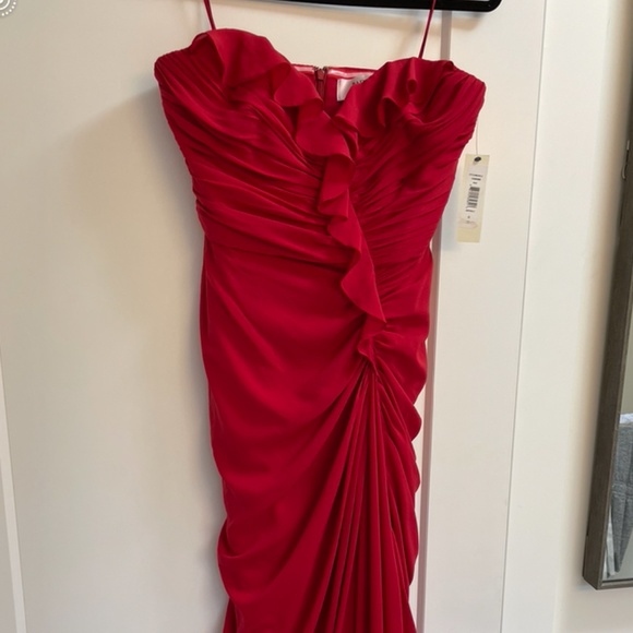 Badgley Mischka Strapless Red Silk Ruched Sides Formal Prom Gown NWT 8 - Picture 2 of 14